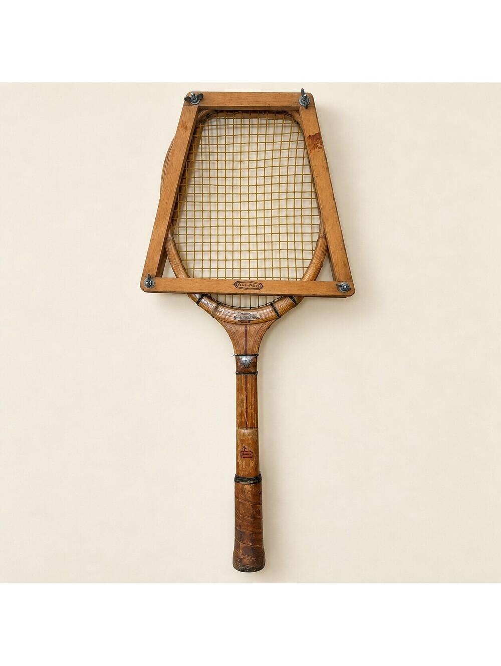 Vintage Wooden Tennis Racquet with All-Pro Press, 1960s Tennis Wall Decor